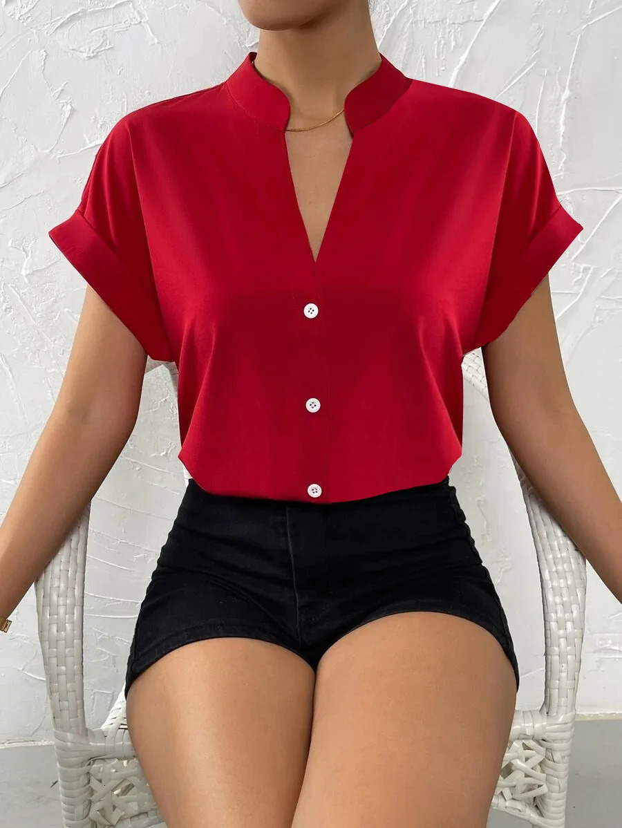 Summer V-neck Pullover Short Sleeved Female Solid Color Casual Shirt Womens Clothing Button Office Lady Blouse Tops 250514