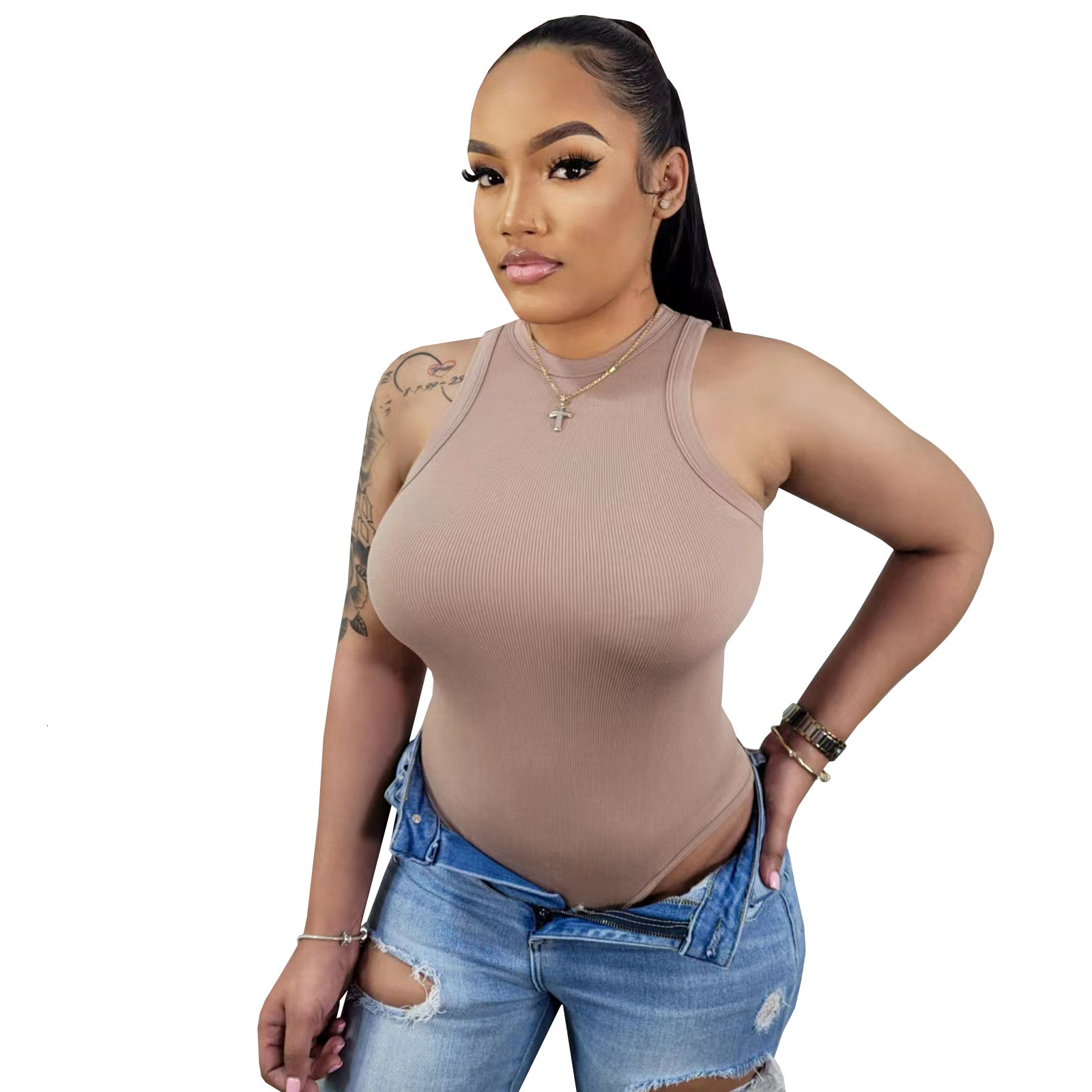 HR23034 Womens Super Bullet Pit Stripe Fashion Piece Solid Color Versatile Tank Top Bodysuit