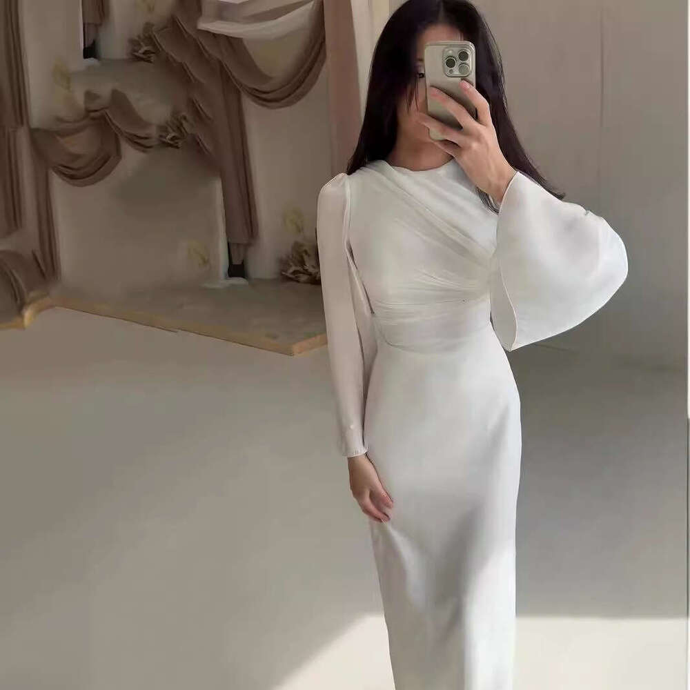2024 Solid Color Simple Waist Sexy Bag Hip Skirt Long Sleeve Wrinkle Elegant High End Dress