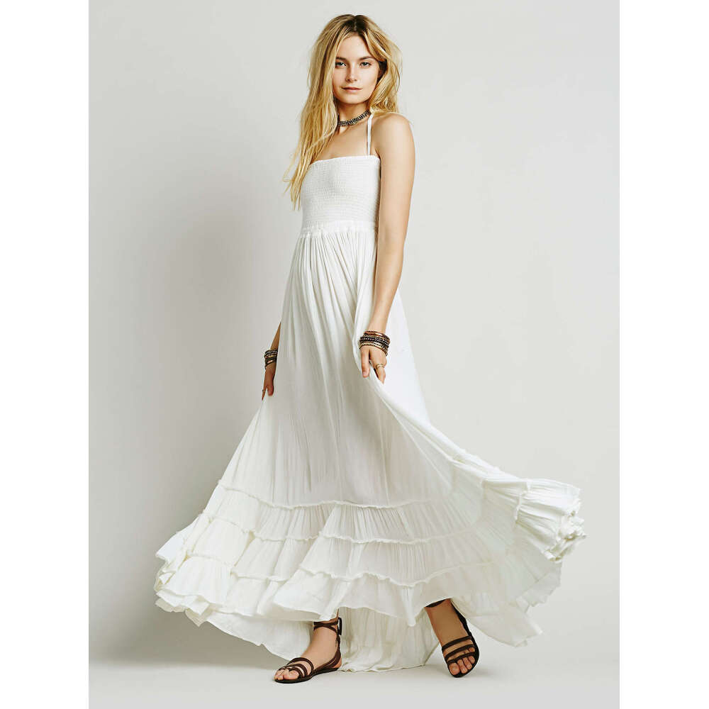 White Dress Maxi Dress Women's Backless Bohemian Beach Long Cotton Dress KQ