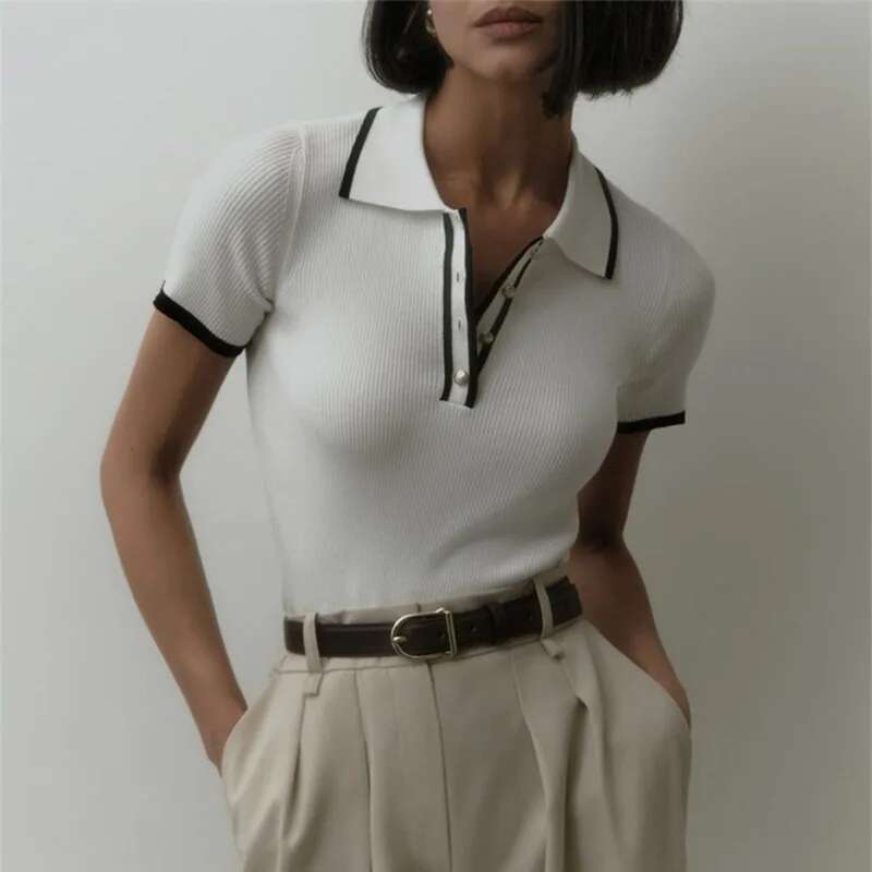 Talenza Women's Fashion Short Sleeve Patchwork Sweater Elegant Slim Contrast Lapel Knitted Pullover Top