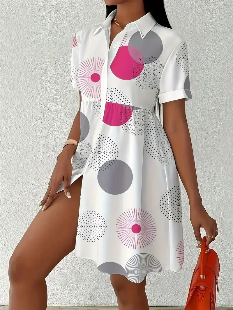 Plus Size 1XL-5XL Womens Summer Cute Fashion Elegant Geometric Print Dress Button-Up with Lapel Collar Short Sleeves Dresses 250509