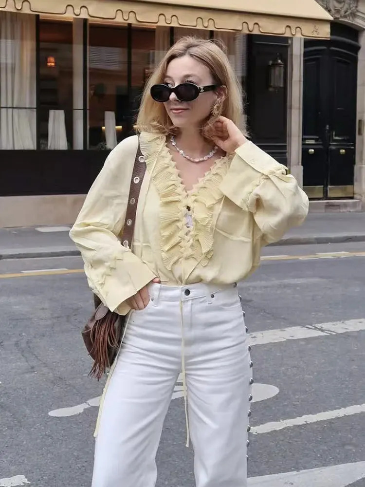 TRAFZA Womens Fashion Ruffles Blouse Elegant Solid Loose Casual Long Sleeve Shirt Woman Summer Y2K Yellow Tops 250515