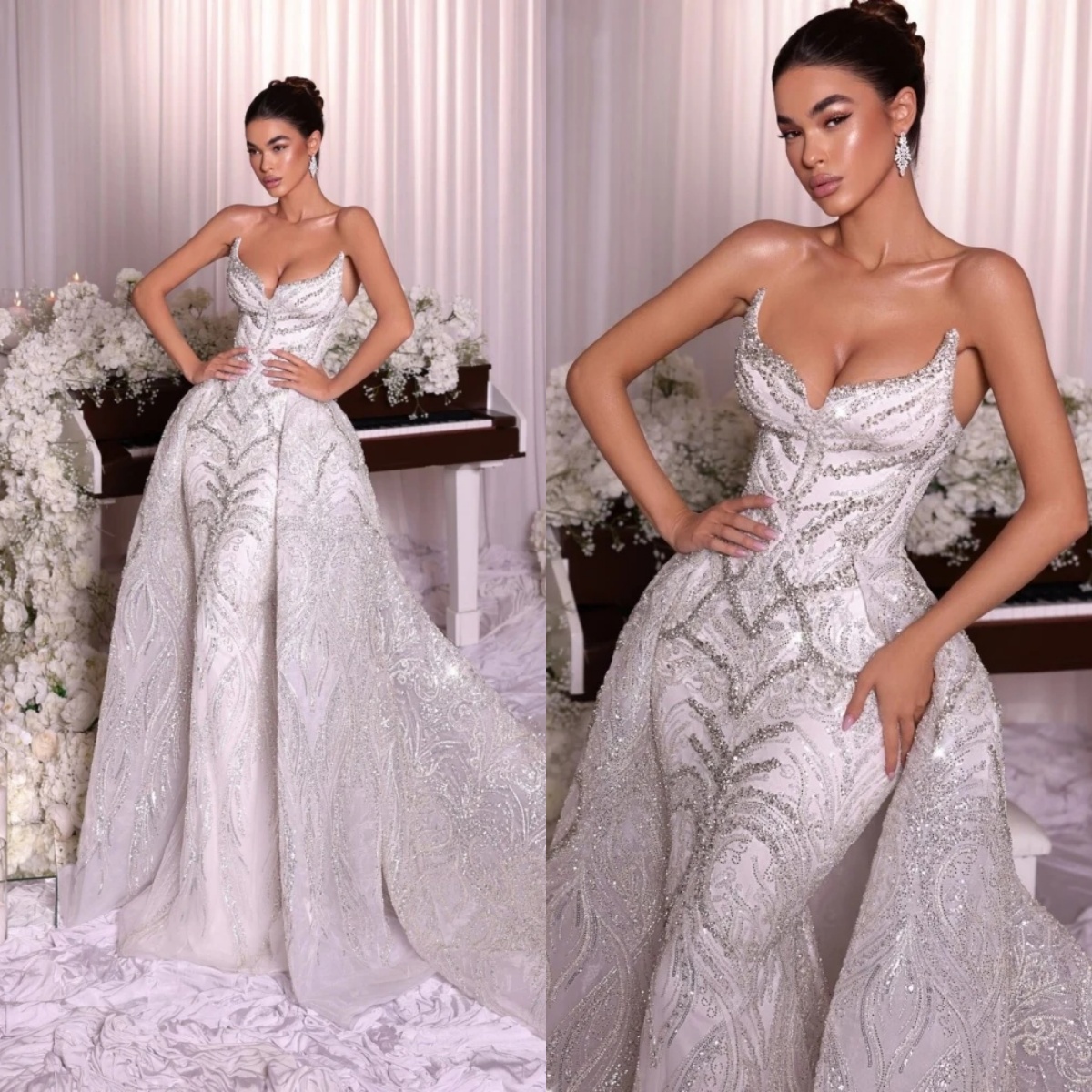 Luxurious Mermaid Wedding Dress Sweetheart Neck Sleeveless Bridal Gowns Sequins Crystal Detachable Train Dresses Custom Made vestidos de novia
