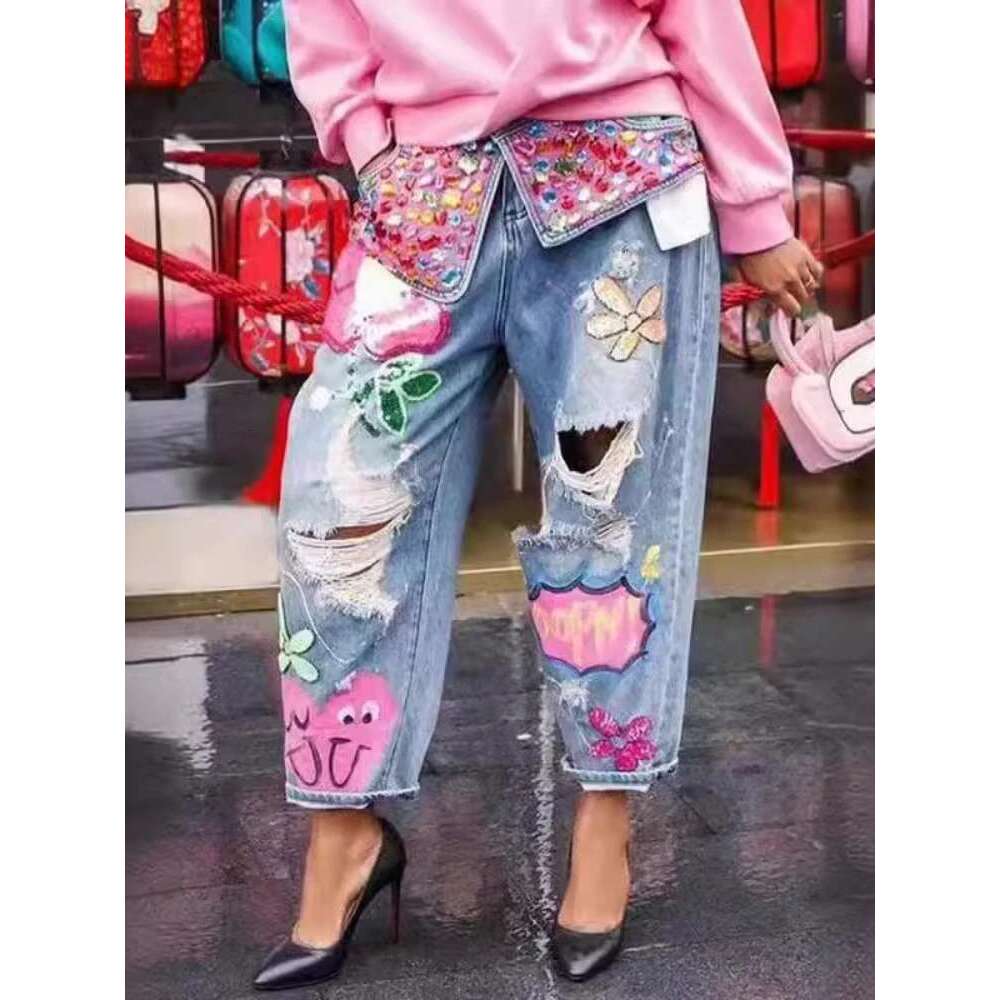 Chic Women Spring Floral Embroidery Dias Beaded Holes Denim Pants High Waist Loose Rhinestones Jeans Cowboy Broken Trousers
