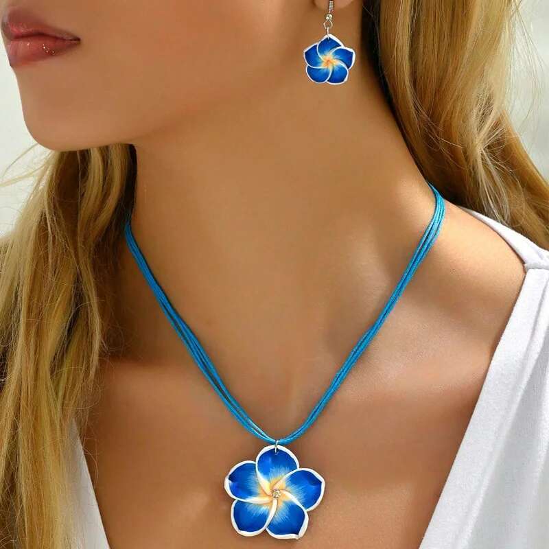 Fashion Romantic Plumeria Flower Jewelry Set Sweet Flowers Earrings Pendant Choker Necklace Girls Party Wedding Christmas Gifts
