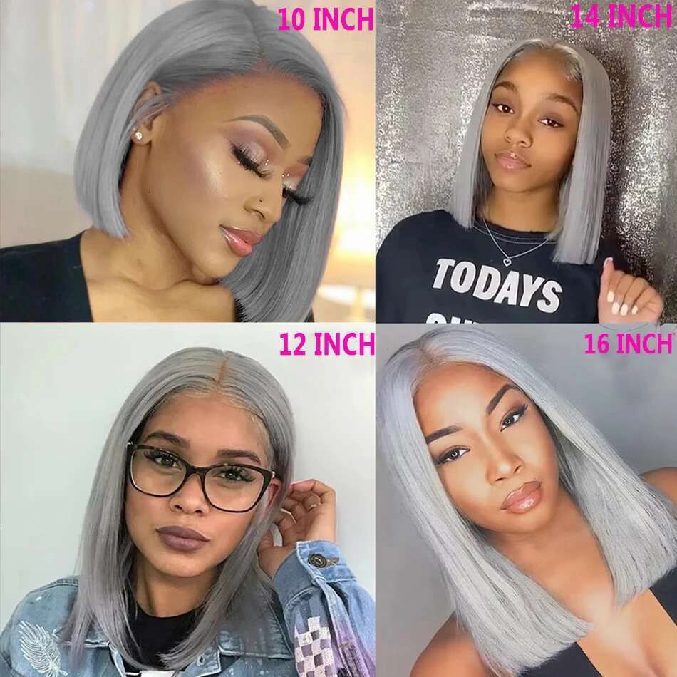 Sier Short Bob Wig Grey Straight 13X4 Lace Transparent Front Wigs Human Hair For Black Women 10 12 14 16 Inch