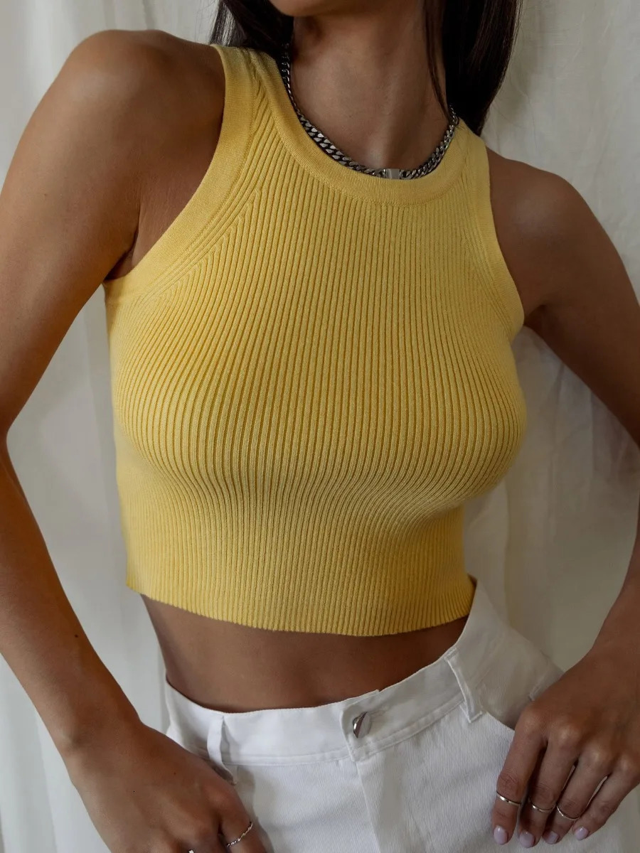 Wolfeel Summer Knitted Tank Tops Women Casual Crop Sexy Girls Suspender Vest Oneck OL Slim Ribber Sleeveless T Shirts 250515