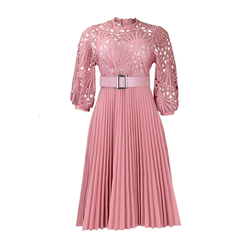 D254 summer oversized lace hook flower sexy hollow out pleated dress