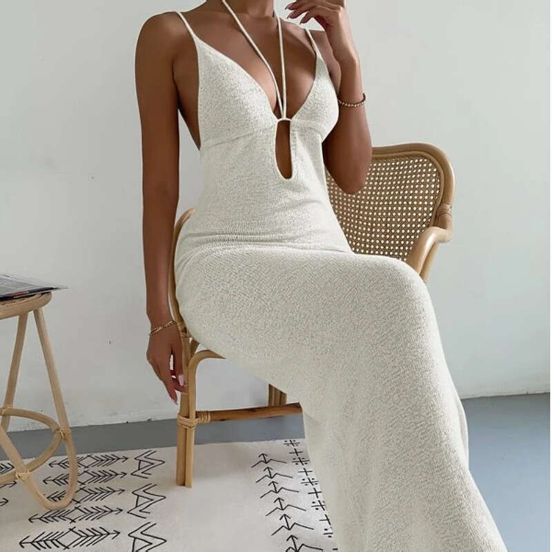 2025 New Women's Clothing Pure Desire Sexy Hollow Hanging Neck Strap Splicing Dress Long Skirt Female