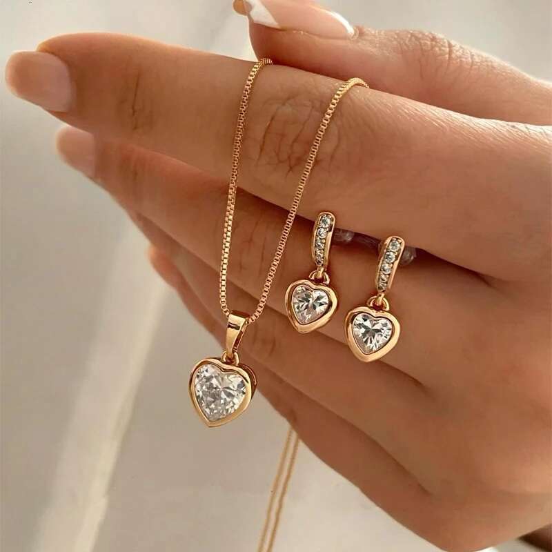 3 Pcs Of Earring Pendant Necklace For Women Exquisite Fashion Rhinestone Double Heart Jewelry Set Gift