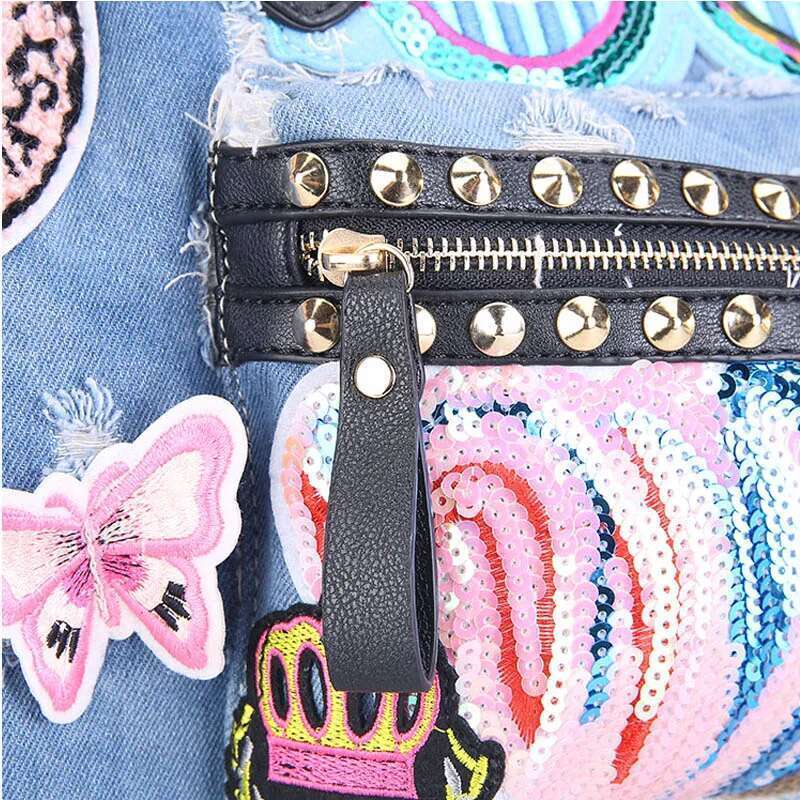 Ipinee New Women Lage Travel Cute Cartoon Daypack Denim Bags Handbags Fashion Shoulder Bag Female