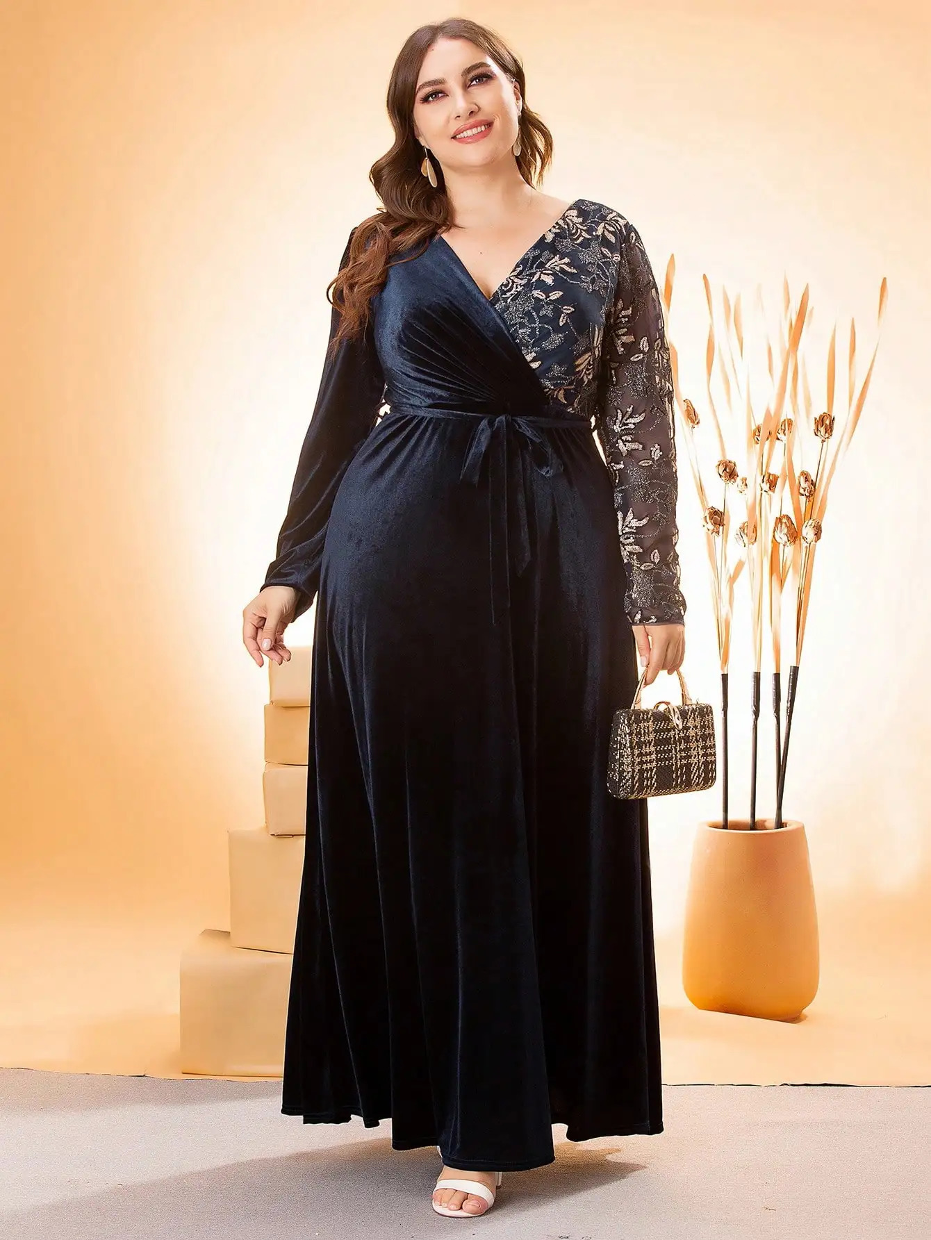 Plus size Mgiacy Vneck irregular cross sequin embroidered stitching velvet A full skirt Evening gown PROM dress Party 250506