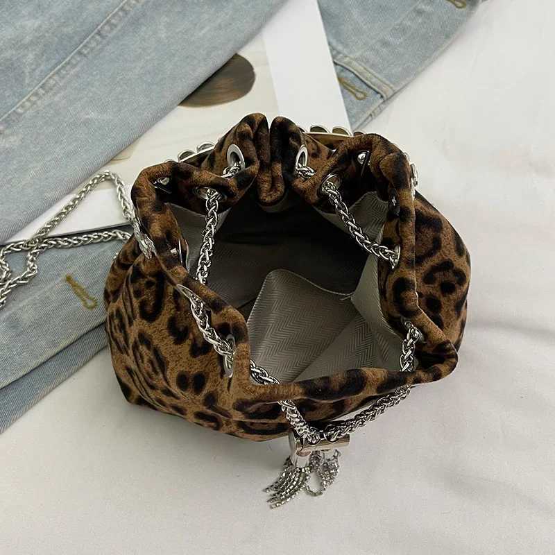 Ring Handle Rhinestones Clutch Bag Retro Leopard Handbag Luxury Party Purse Drawstring Bucket Crossbody Mini Canvas Bags BrownXJ250515