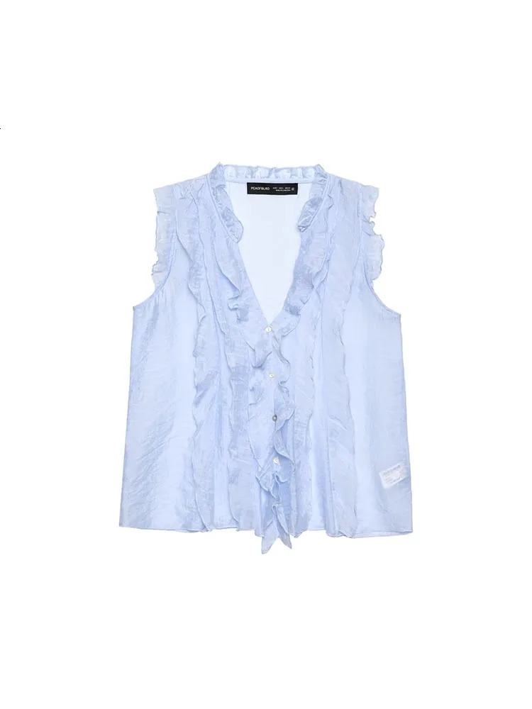 Women Summer Blouses Shirts Tops Fashion Sweet VNeck Sleeveless Cascading Ruffle Female Elegant Street Top Clothing 250515