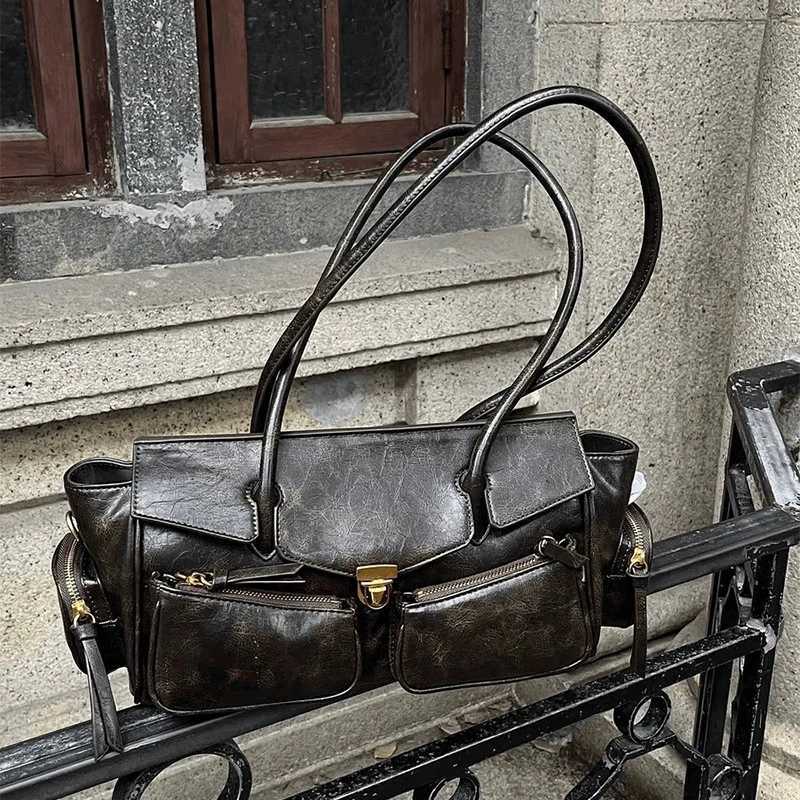 Vintage Underarm Bag For Girl Versatile Handbag Multi-pocket Motorcycle Bag Luxury Designer Handbag Spaghetti Strap Leather Bag B250618