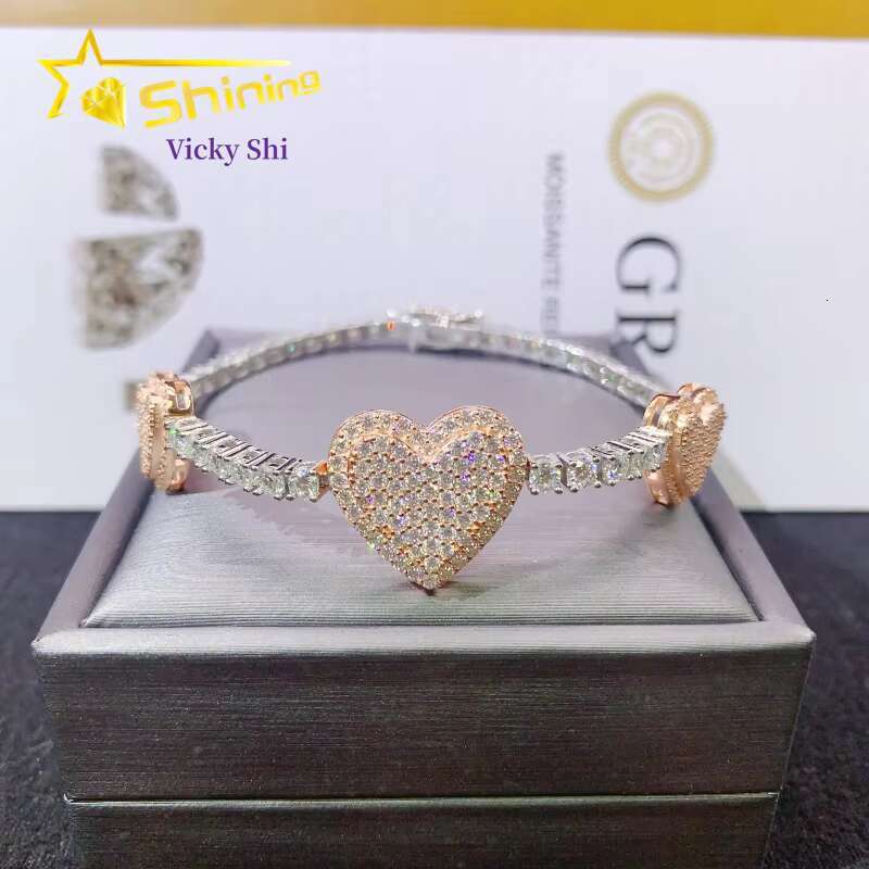 Worldwide Shipping 925 Silver Two Tone Three Heart Moissanite Tennis Bracelet Custom Men Women Hip Hop Moissanite Bracelets