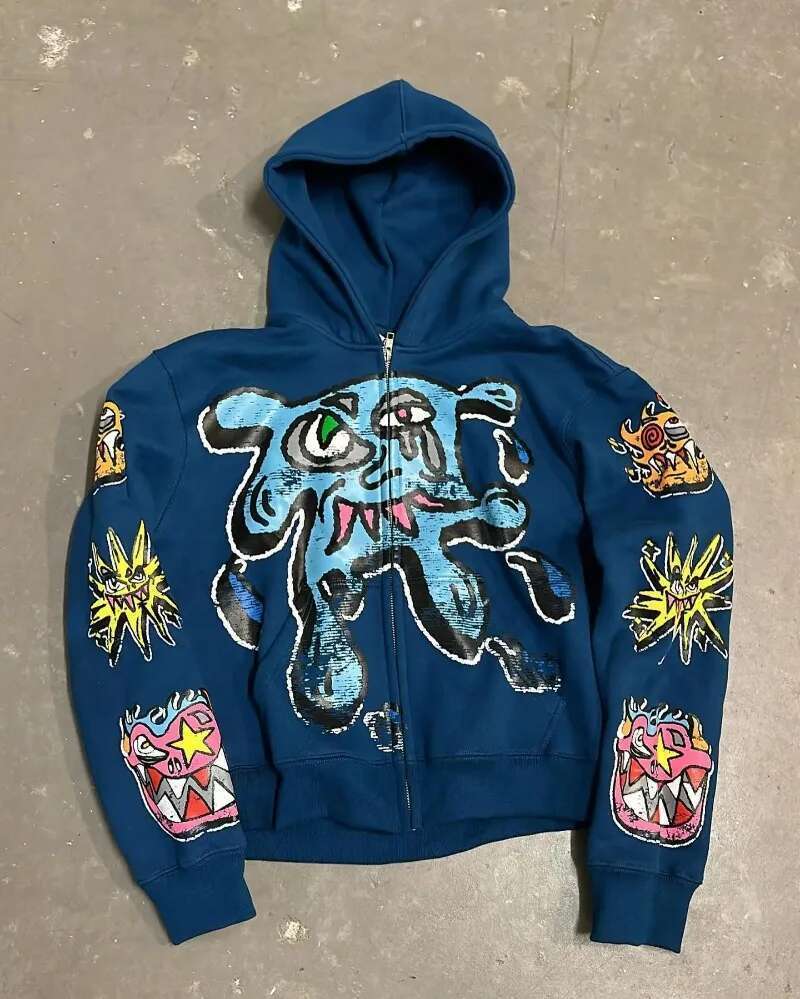 American Gothic trendy letter pattern printed oversized hoodie men's Y2K fashion Haruku all-match loose zipper sweatshirt