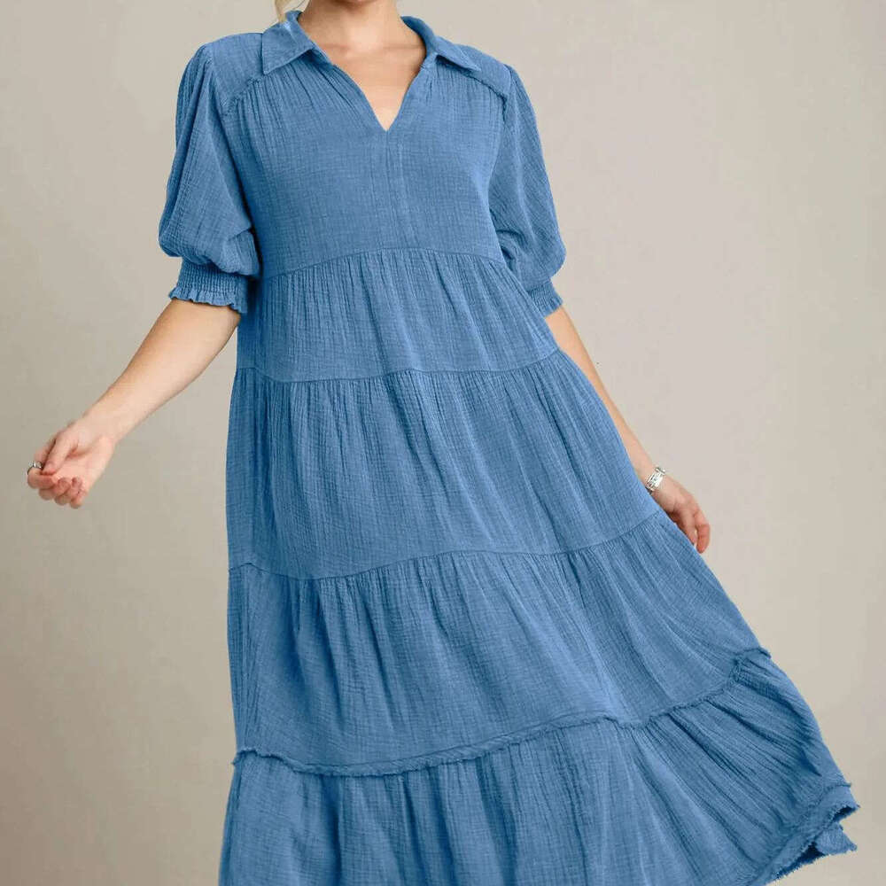 White Dress Maxi Dress 2024 New Fashionable And Comfortable Mid Sleeve V-Neck Layered Dress For Women KQ