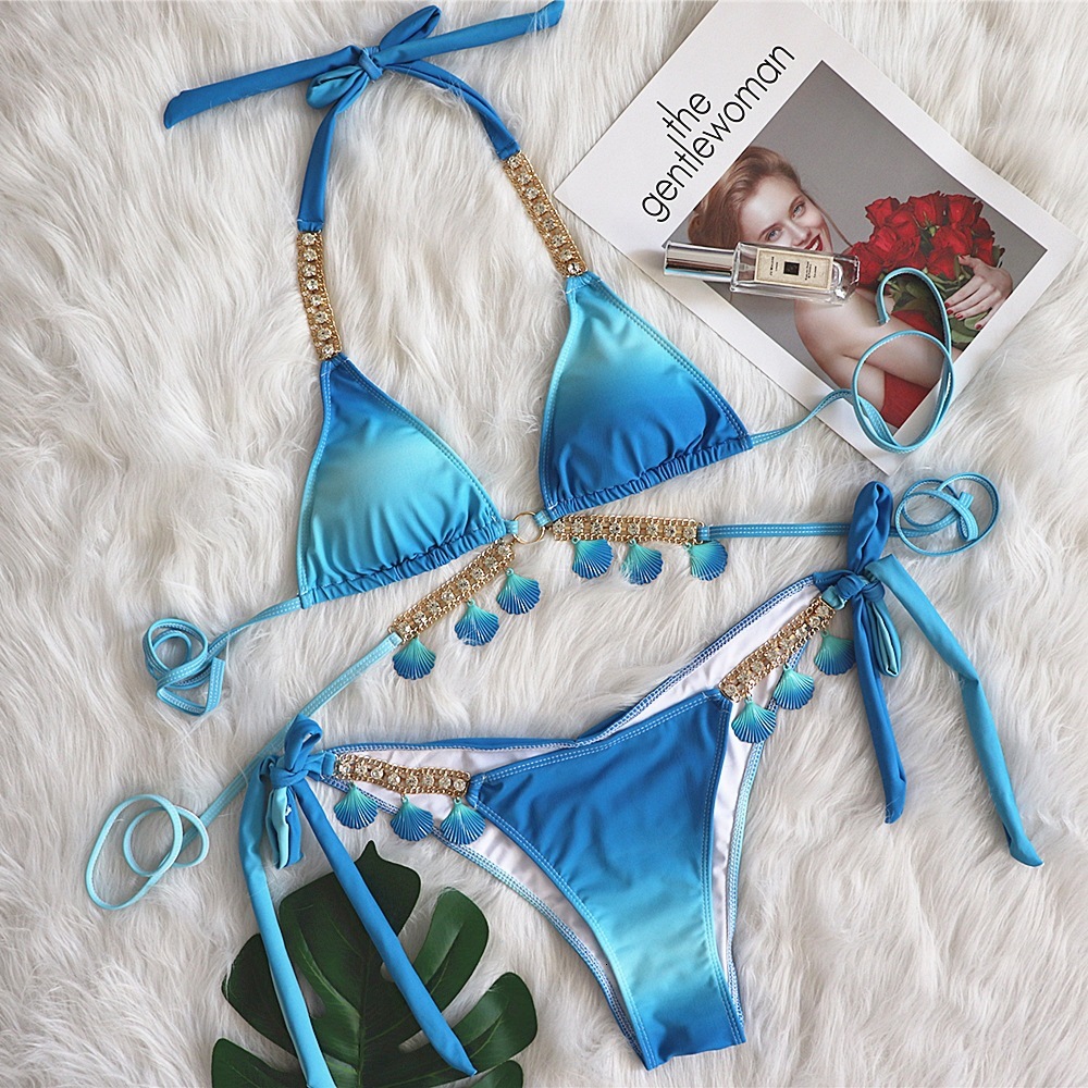 2025 Designer's New Sexy Camisole Bikini Gradient Print Split Style Women's Swimsuit Luxurious Crystal Shell Decoration Fashionable Beachwea