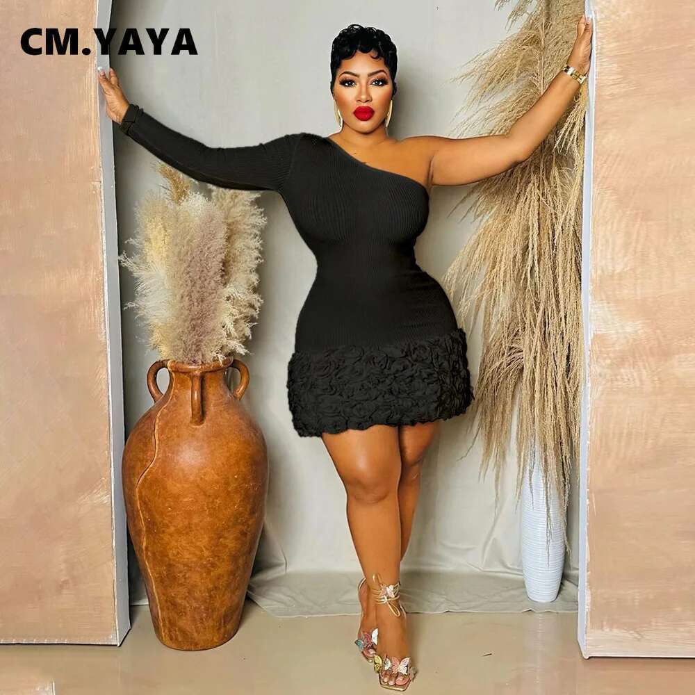 CM.YAYA Women Knit Ribbed Rose Floral Applique One Long Sleeve Bodycon Midi Dress 2024 Club Sexy Party Evening Dresses Vestidos