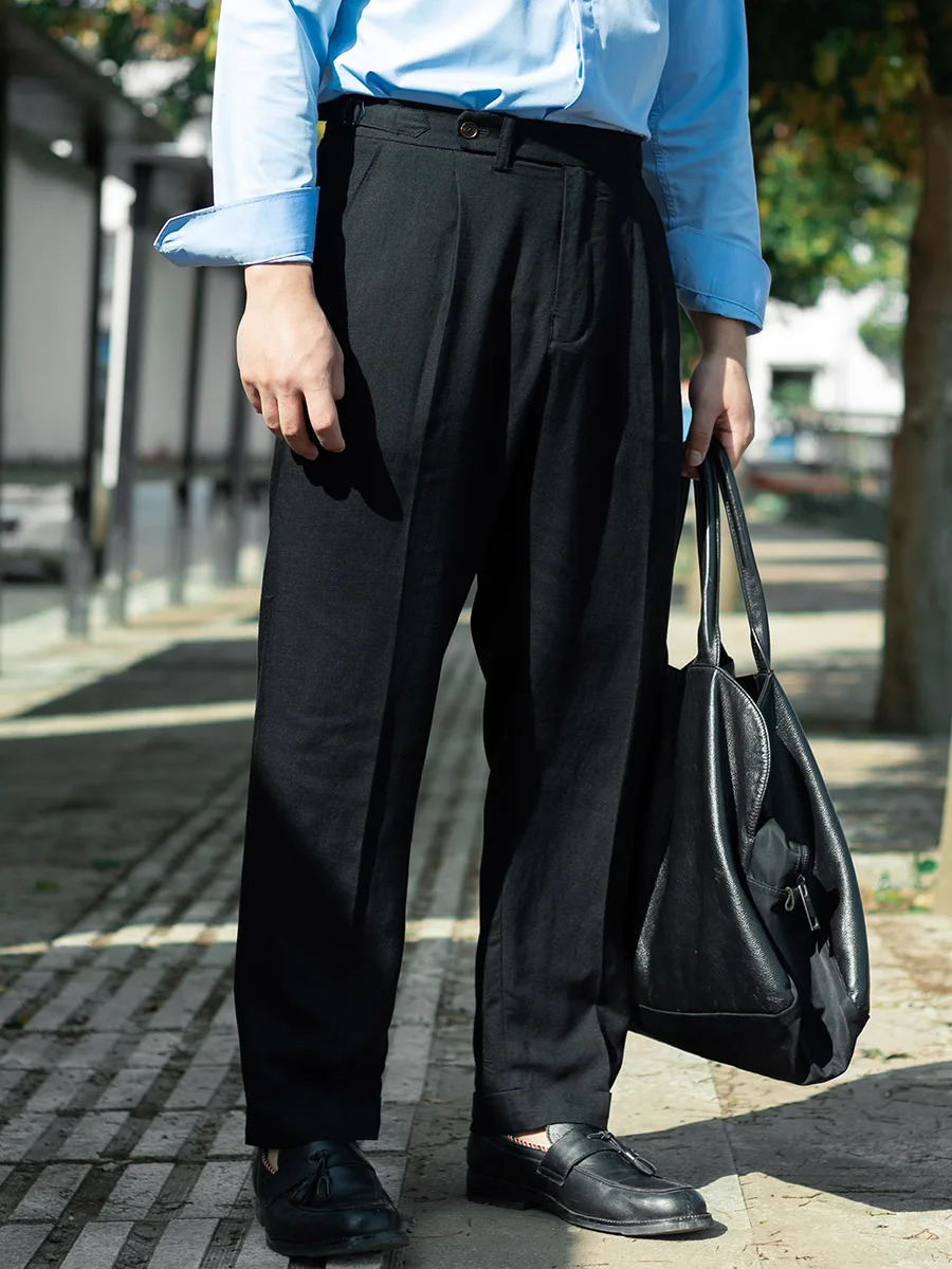 Spring and summer black linen Paris button casual pants men Slim microtaper single pleat versatile can be customized large 250515