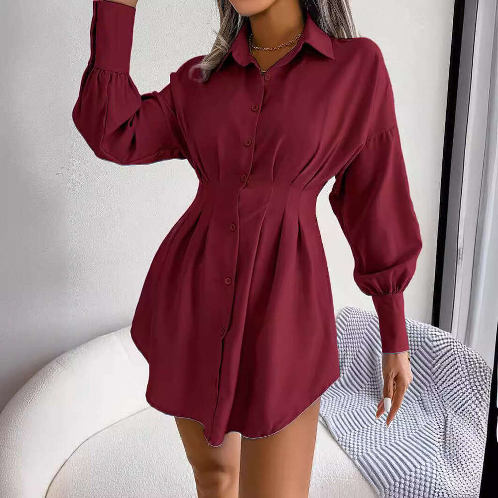 Ins style real-life photos of spring and summer lantern sleeves, waist cinched asymmetrical dress, shirt skirt, women's clothing, 2025 new casual