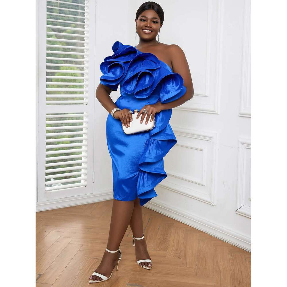 Blue One Shoulder Dresses for Women Plus Size Ruffles Bodycon Pencil Knee Length Celebrate Party Gowns Summer tail Outfits