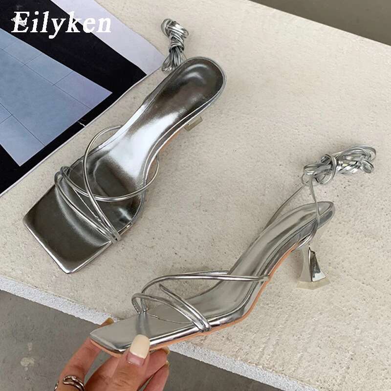 Eilyken Fashion Gold Sier Sandals Thin Low Heel Lace Up Rome Summer Gladiator Women Casual Narrow Band Shoes
