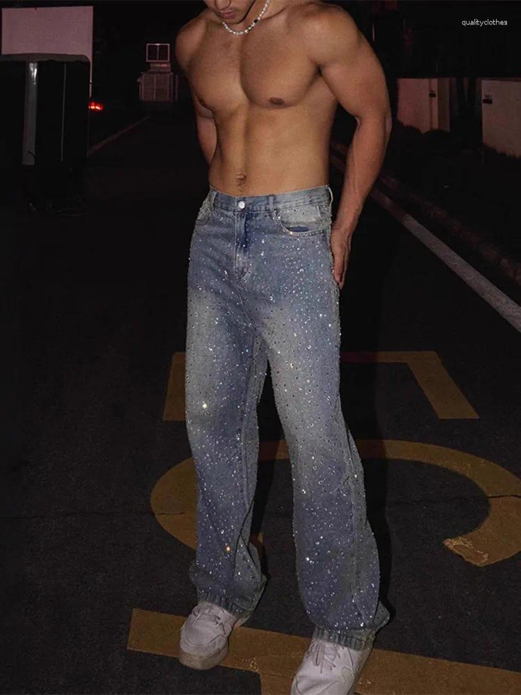 Men's Pants Luxury High Waist Sparking Rhinestones Denim Jeans Pant Chic Straight Leg For Man Casual Daily Streetwear Trousers