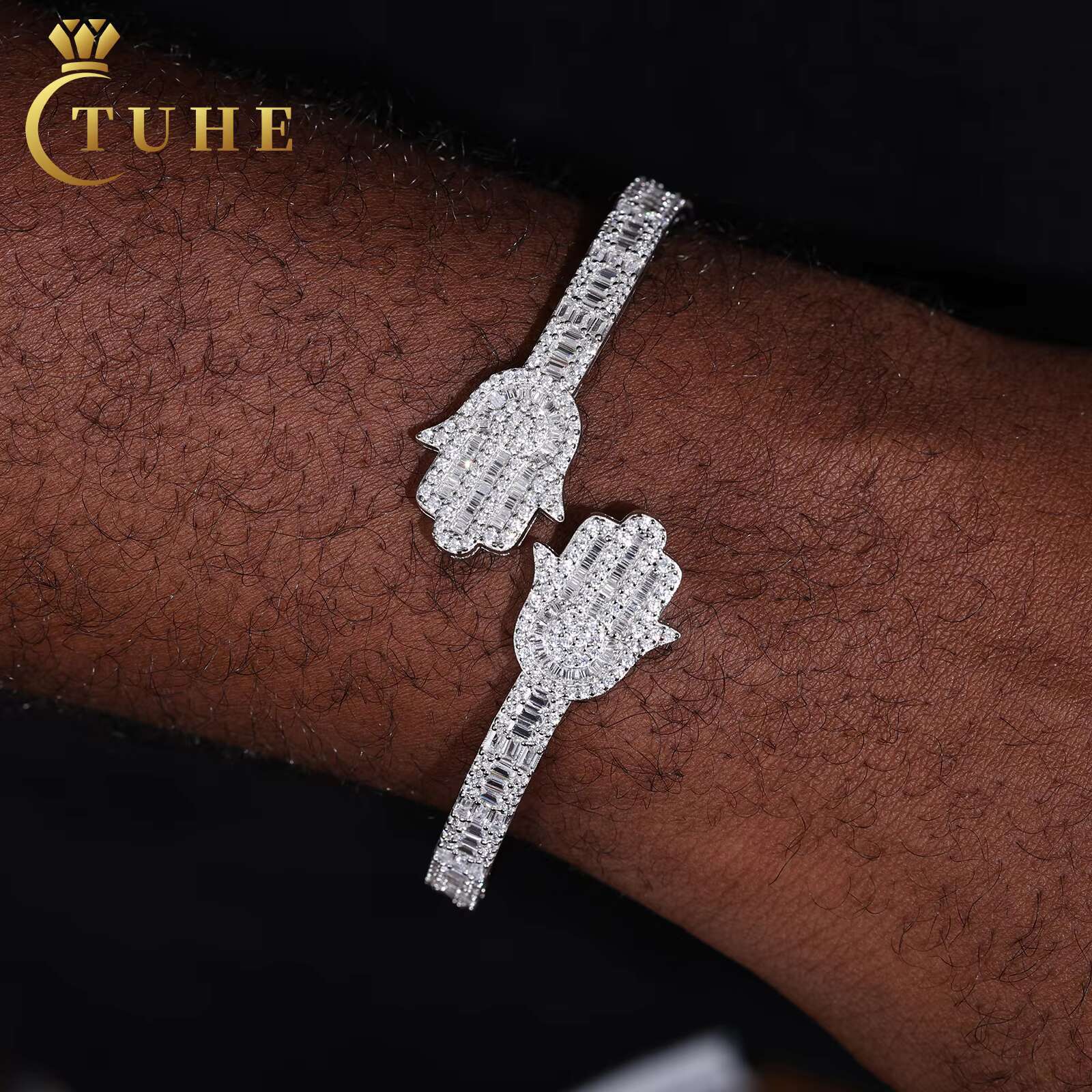 Wholesale Jewelry Women Men White Gold 925 Sterling Silver Baguette Moissanite Diamond Iced Out Hamsa Hand Bangle Bracelet