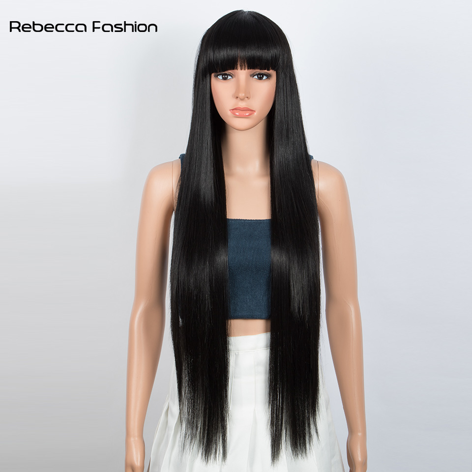 Rebecca Fashion Synthetic 30 Inch Long Straight With Bangs Ombre Brown Wig For Black Women Heat Resistant Daily Use Fake Hair