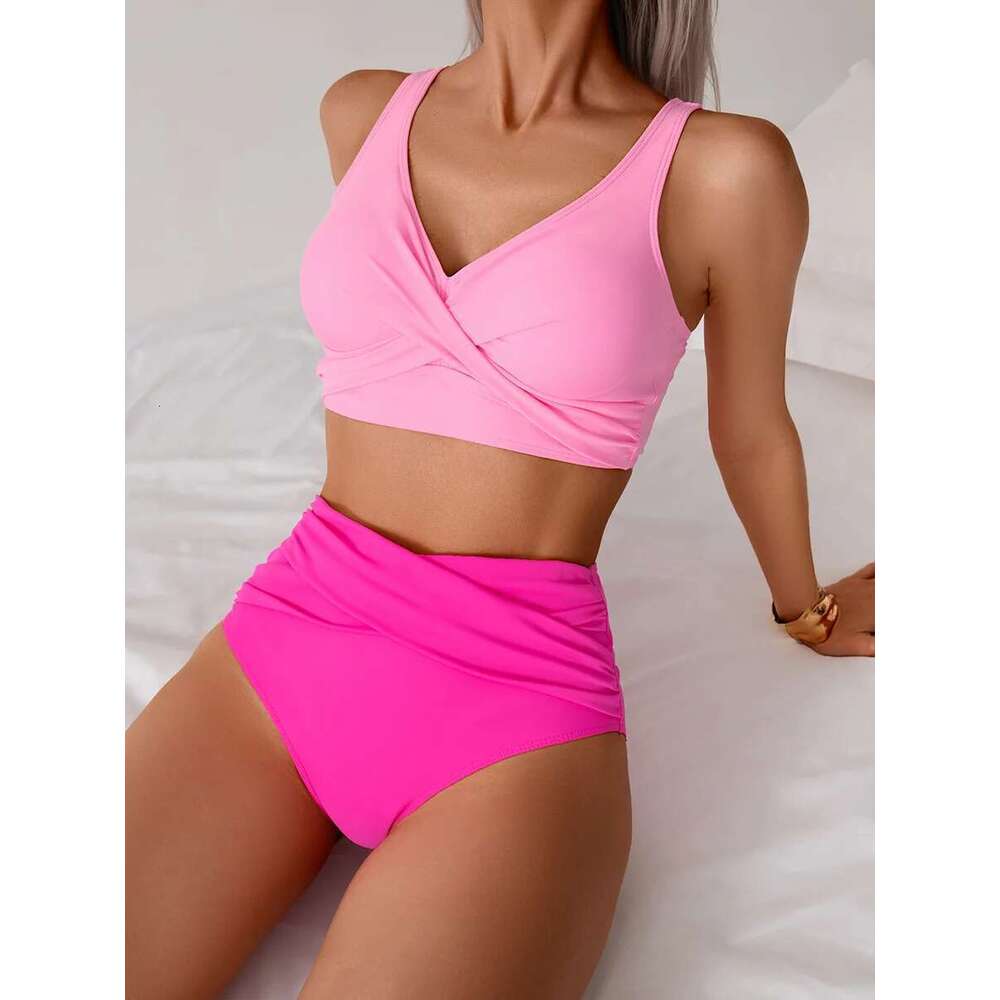 Vintage Hot Pink Patchwork Bikini Women V Neck Cross Pleate High Waist Swimsuit 2025 Holiday Bathing Suit Swimwear Large Size