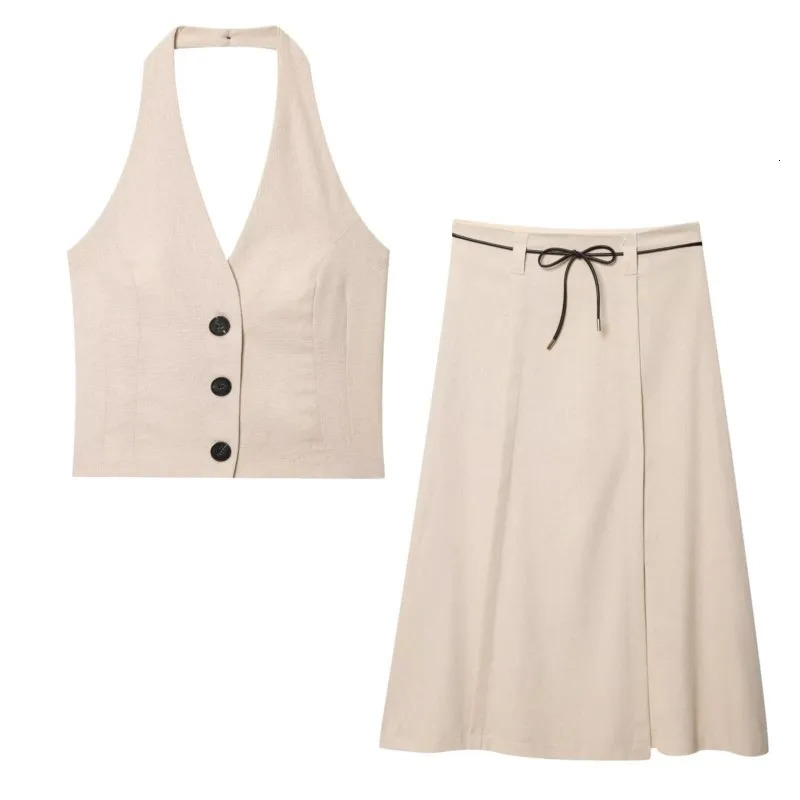 TRAF WomenSkirt Set With Belt 2 Piece Backless V Neck Halter Tops Button Long Skirts Women Two Outfit 250515