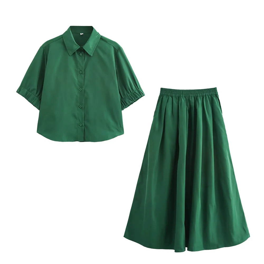 UNIZERA Autumn Product Womens Casual Versatile Collar Short sleeved Shirt High Waist Wide Swing Long Skirt Set 250515