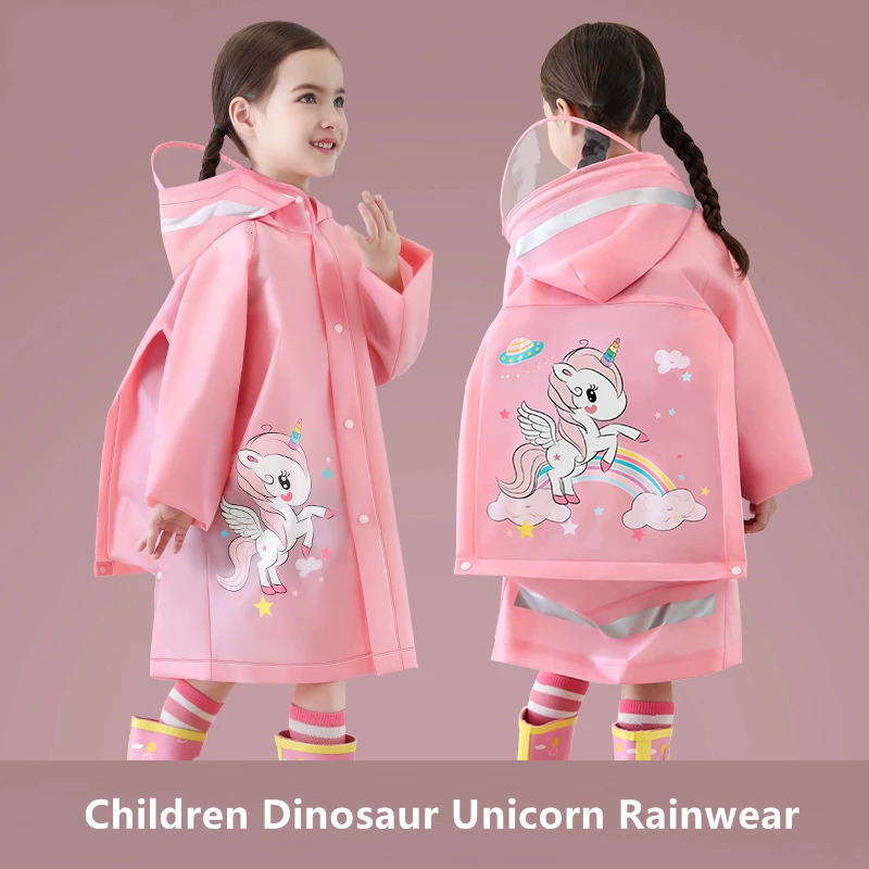 Cute Kids Raincoat Wateproof Children Dinosaur Unicorn Rain Poncho Rain Coat Jacket With Backpack Position Student RainWear 250515