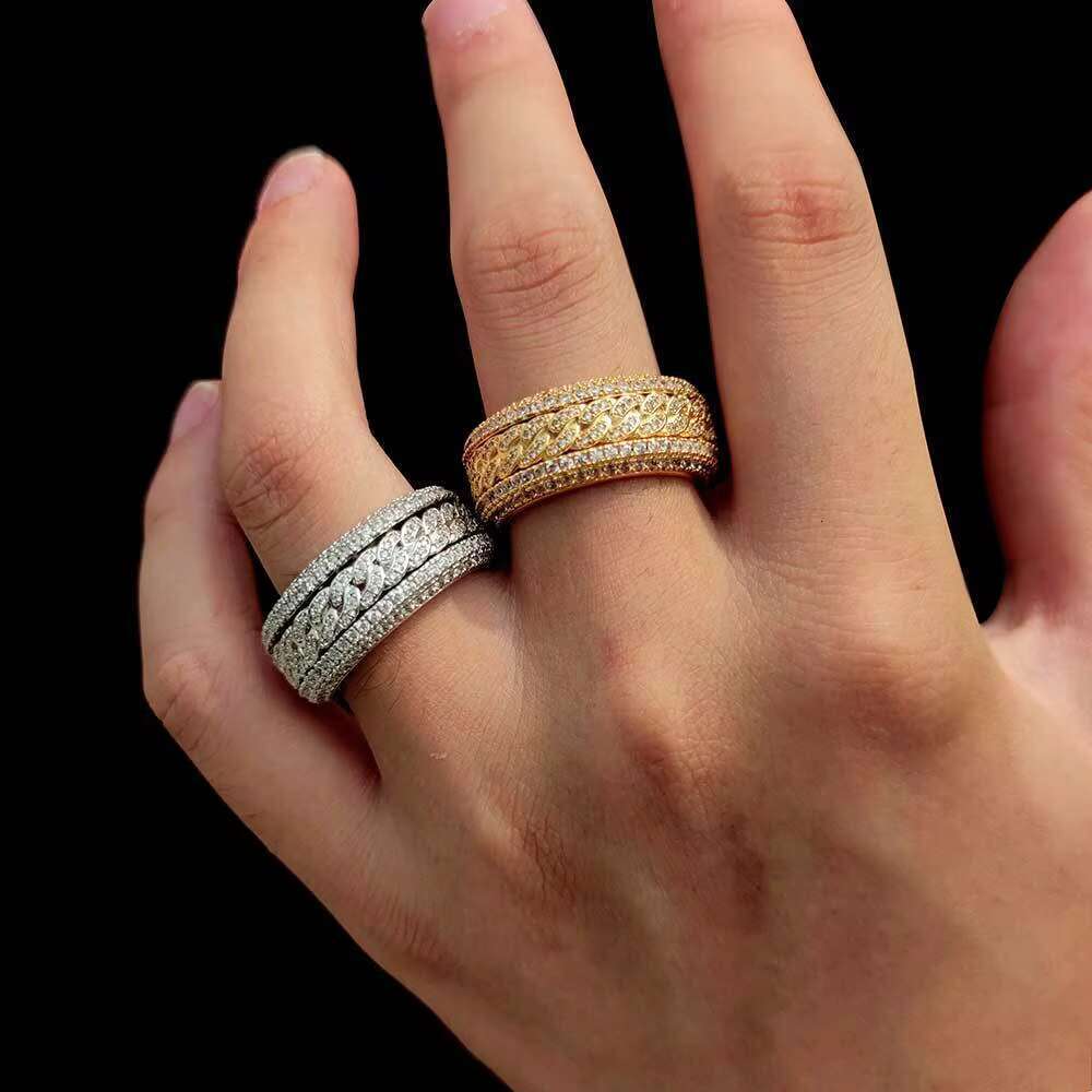 Personality Copper Gold Plated Hip Hop Full Dia Ring Rotatable Cuban Chunky Mens Rings
