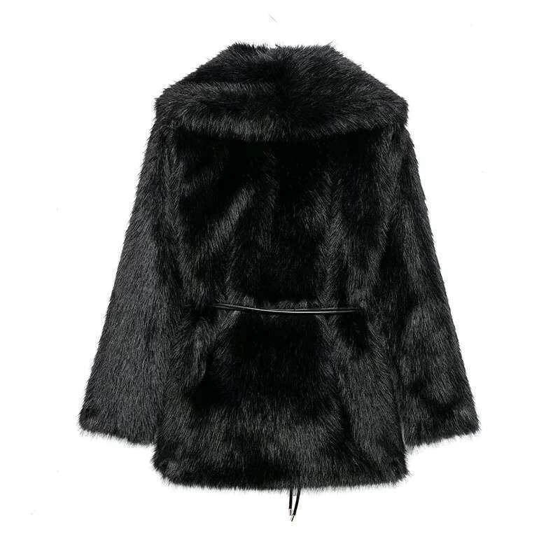 Fluffy Faux Fur Coat With Belt For Women Warm Elegant Loose Long Sleeve Jacket Female Thick Lady High Street Outerwear