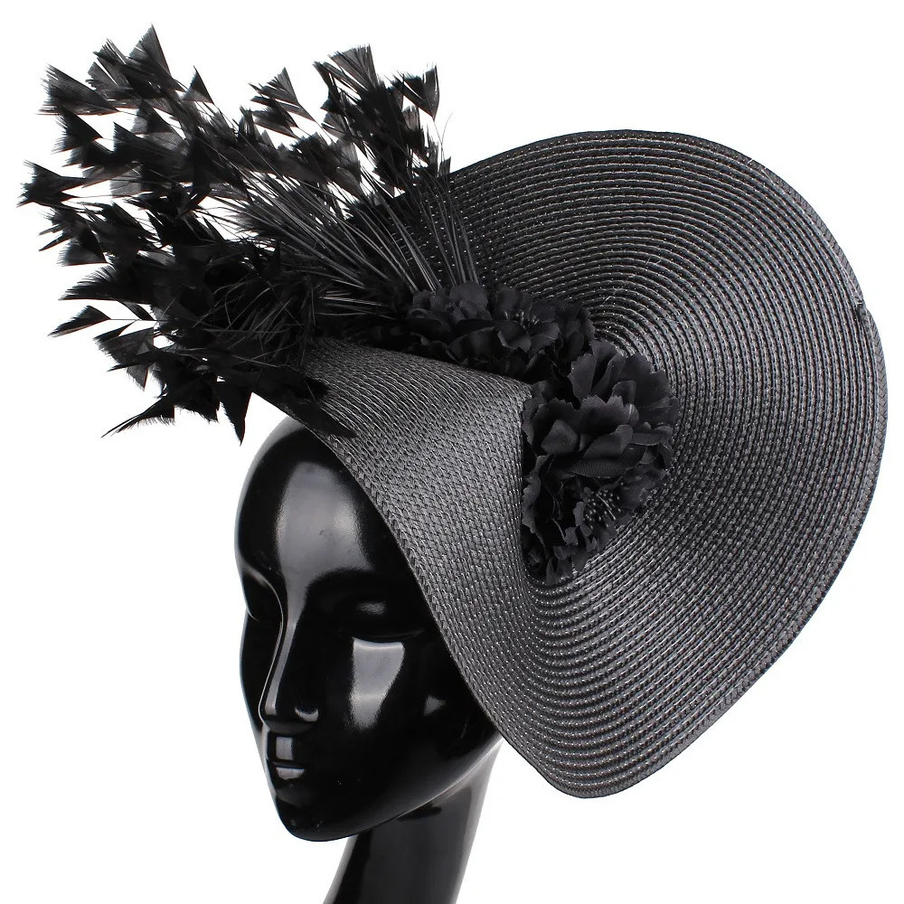 Ladies Black Fascinators Millinery Hat Party Wedding Straw Hat Wide Brim Fedora kentucky Headpiece Church Hair Accessories 250514