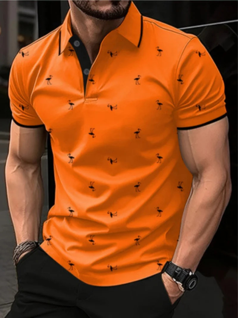 2025 Europe and the United States mens summer fashion 3D lapel Flamingos fashion printed street short-sleeved top 250515