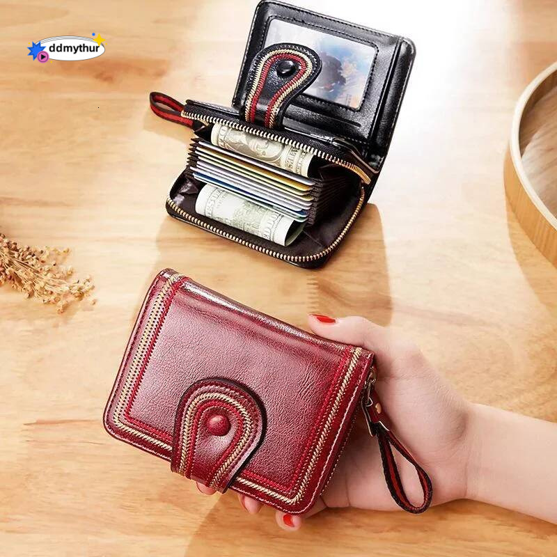 Cross Border Retro Oil Wax Skin European and American Multi Slot Organ Card Bag Zipper Short Women's Wallet ddmythur