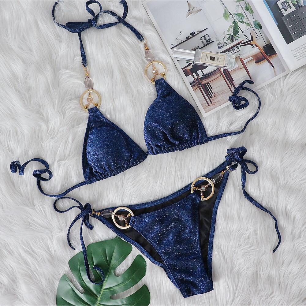 Designer Sexy Women's Bikini Handmade Beaded Crystal Split Swimsuit Fashion Highlights With Chest Cushion Hanging Neck Strap Up Set Triangle Pant