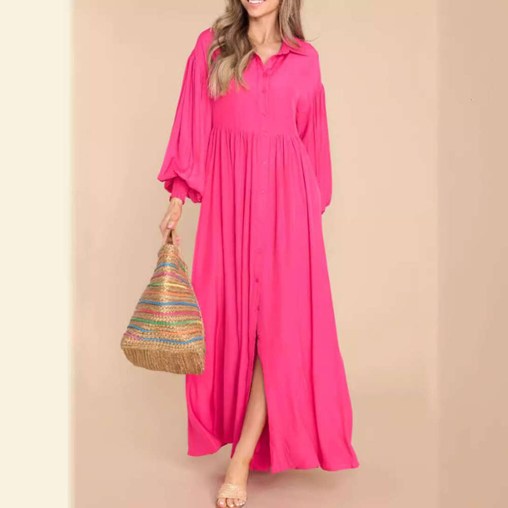 White Dress Maxi Dress 2024 New Women's Casual Solid Color Button Flip Collar Hundred Pleats Sleeve Extra Long Dress KQ
