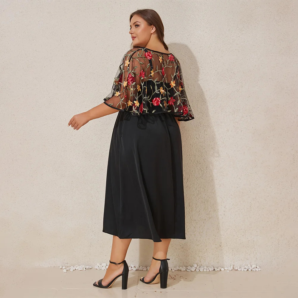 Elegant Plus Size Women Floral Embroidery Cloak Sleeve Strappy Midi Dress With Pocket Banquet Party Cocktail Evening Ball Gownn 250509