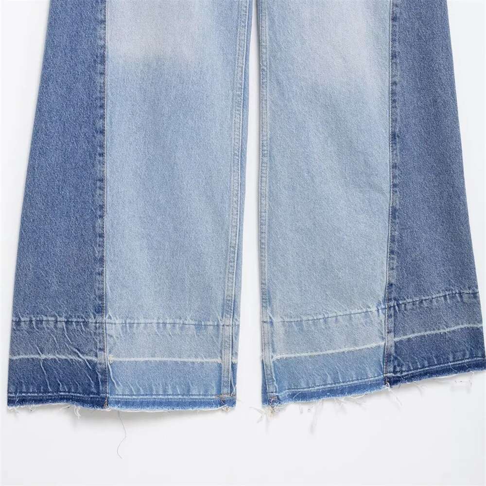 2025 New Women's Casual Elegant Design With European And American Style Splicing Cotton High Waist Wide Leg Jeans Designer