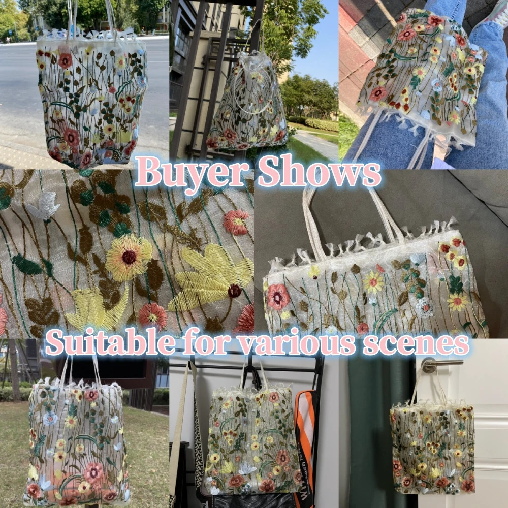 Fashion Tote Bag Summer Style Mesh Full Embroidery Flowers Clear Shoulder Bag Romantic Handbag Girl Womens Eco Shopping Bag 250515