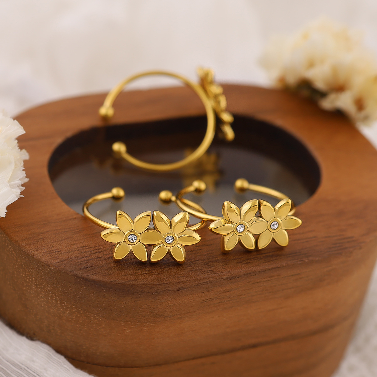 French Style Elegant Adjustable Floral Ring, 18K Gold Plated Titanium Steel Open Ring for Women