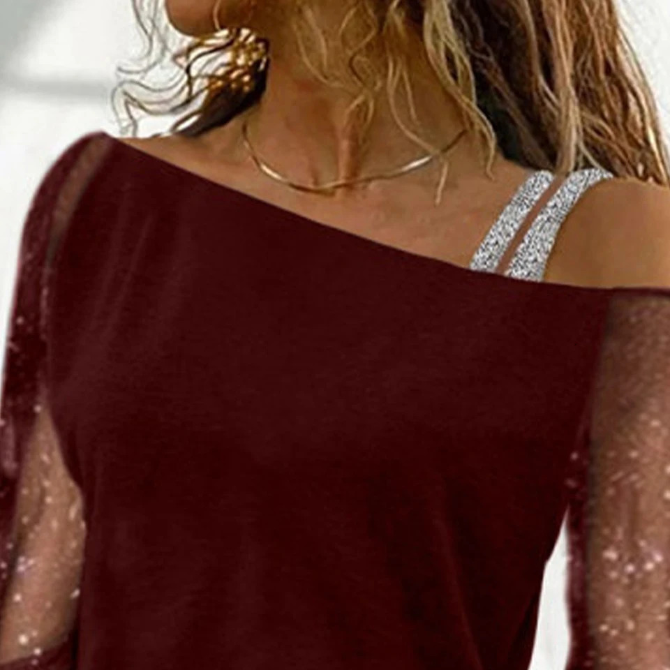 Plus Size Oversized Women Autumn Sexy Lace Mesh Long Sleeve T-Shirt Tops Ladies Off Shoulder Casual Blouse High Quality Clothing 250515