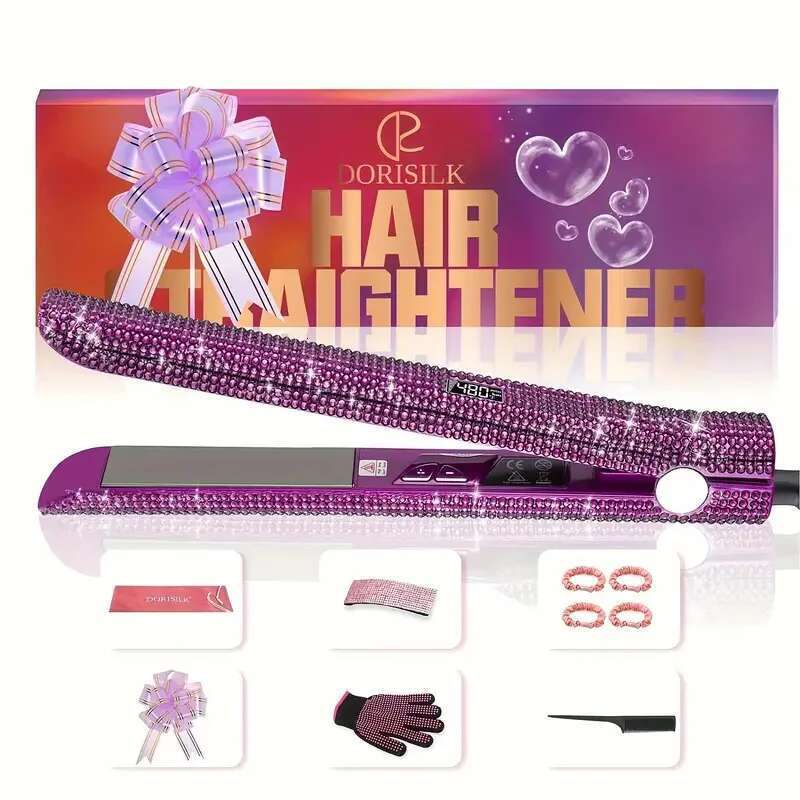 Professional Hair Straightener Titanium Flat Rhinestone Straightening Iron Salon High Heat 470F Dual Voltage LCD Display