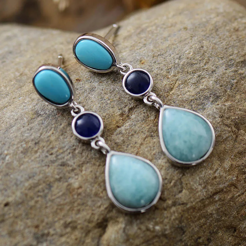 Classy Women Gold Plated Amethysts Lapis Stones Dangling Stud Earrings Party Bold Art Dec Jewelry Bijoux Wholesale 250515